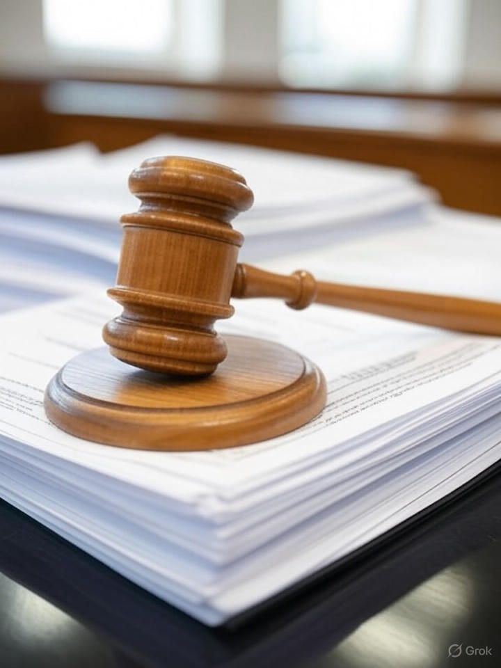 A gavel resting on top of printed documents labeled 'FTC Regulation' in a courtroom setting