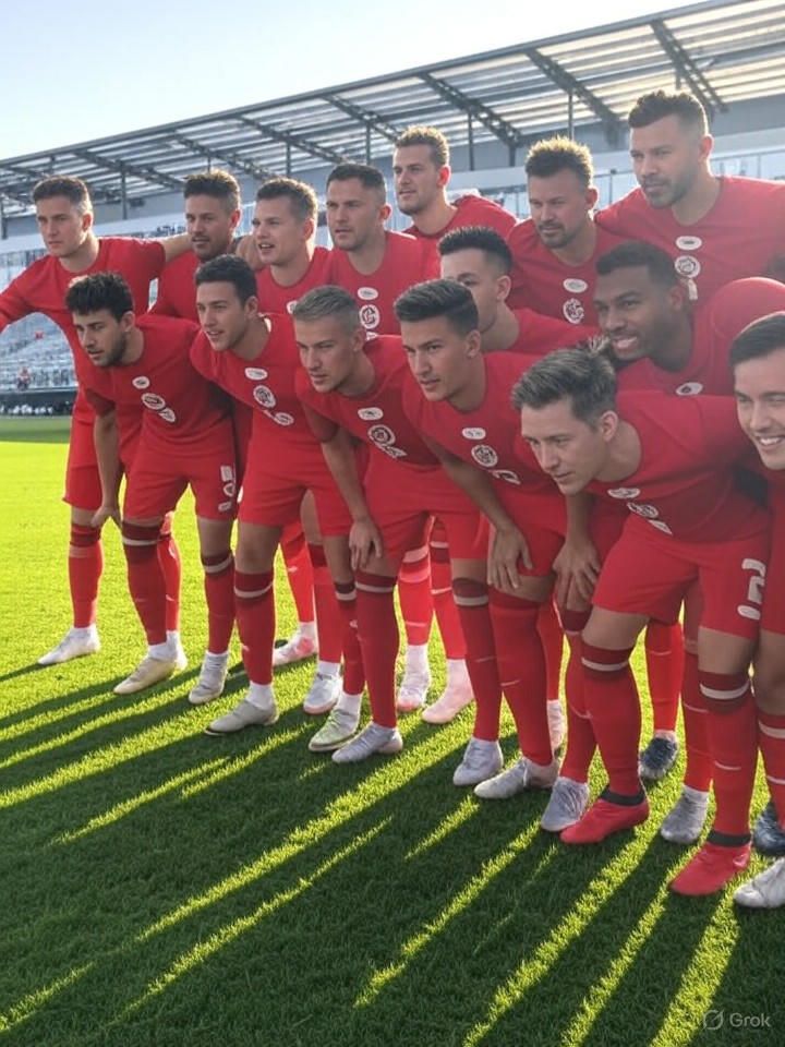 Canada men's soccer team huddling on field before kickoff