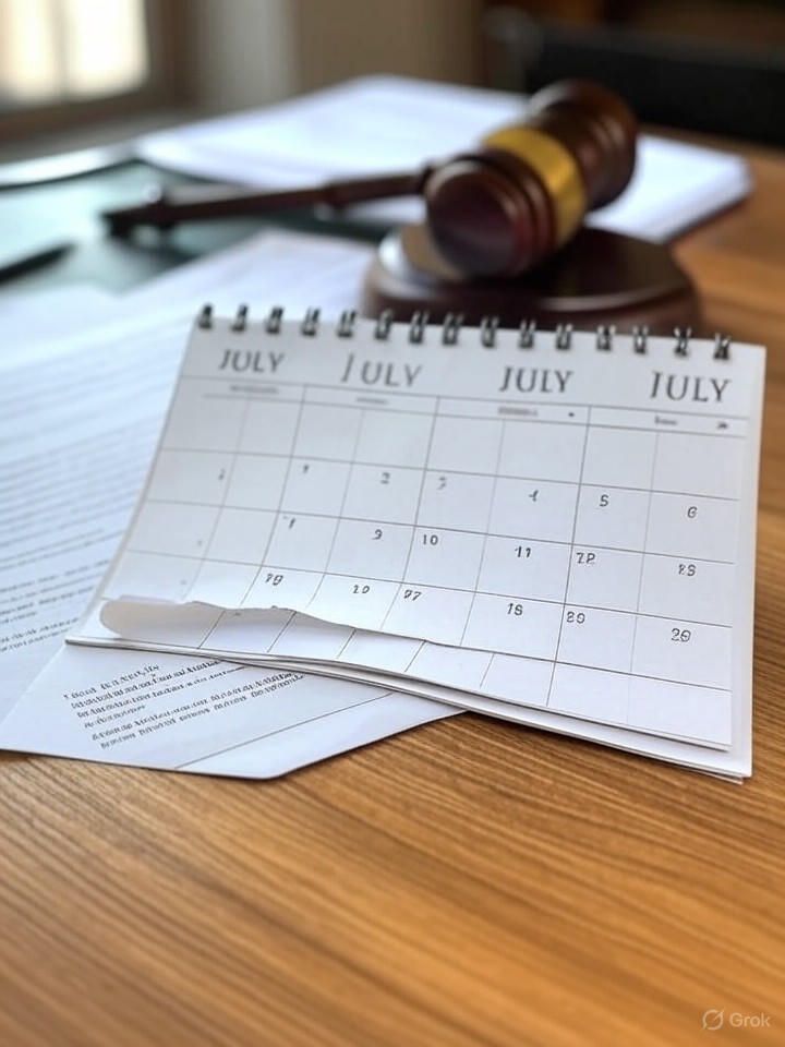 Conceptual image of insurance policy calendar pages torn at July 2023 with gavel