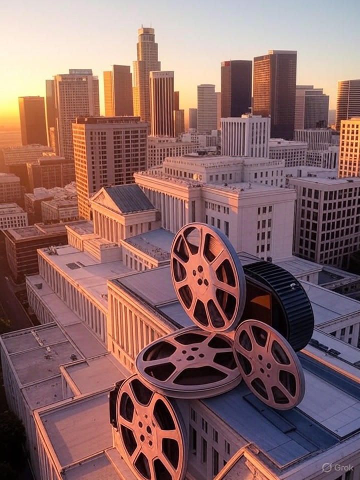 'Hollywood meets courtroom'—stylized skyline merging film reels with courthouse columns