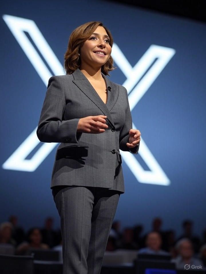 Linda Yaccarino speaking at a tech conference with X logo in background