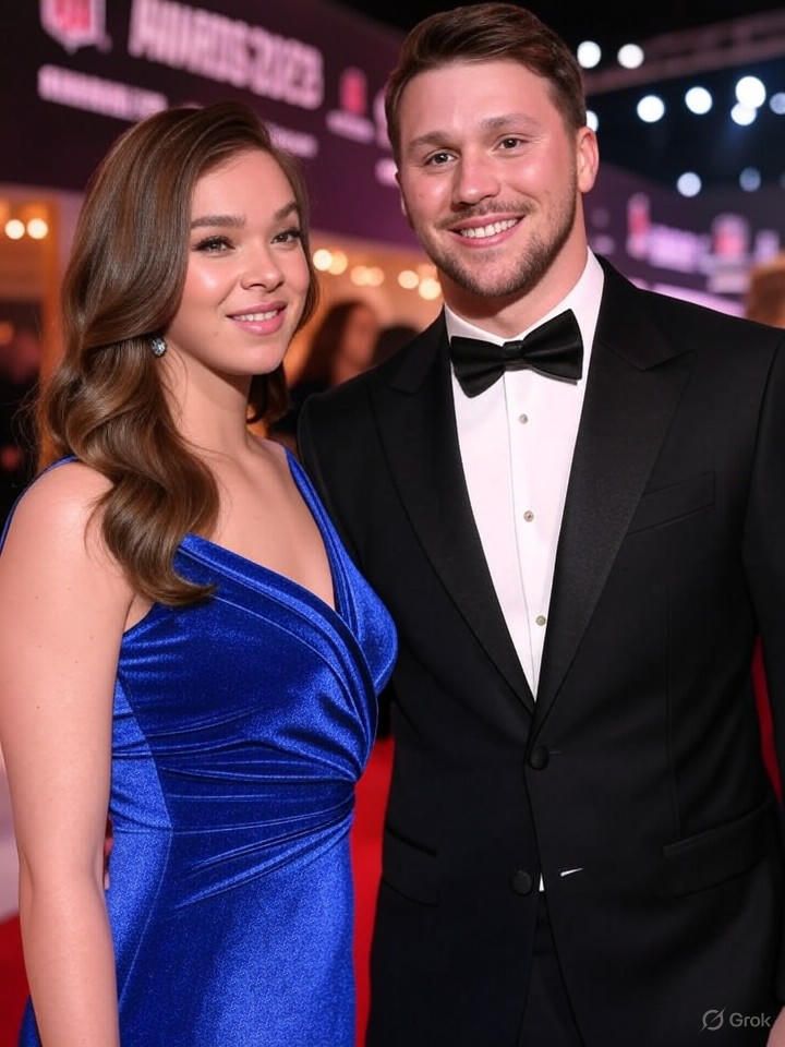 Hailee Steinfeld and Josh Allen smiling together at NFL Awards ceremony red carpet event