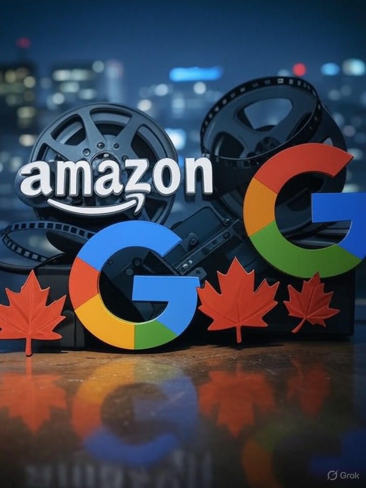 A conceptual illustration showing American tech company logos (Amazon, Google) juxtaposed with Canadian maple leaves and film reels representing the digital services tax debate.