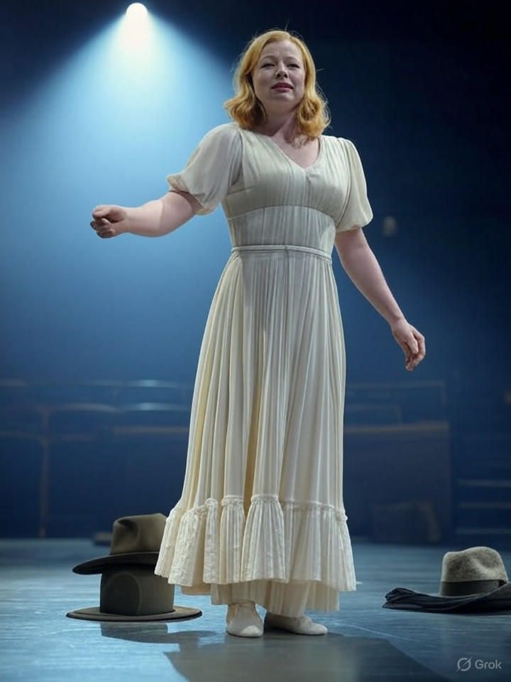 Costume sketches by Paul Tazewell for Death Becomes Her displayed alongside fabric swatches