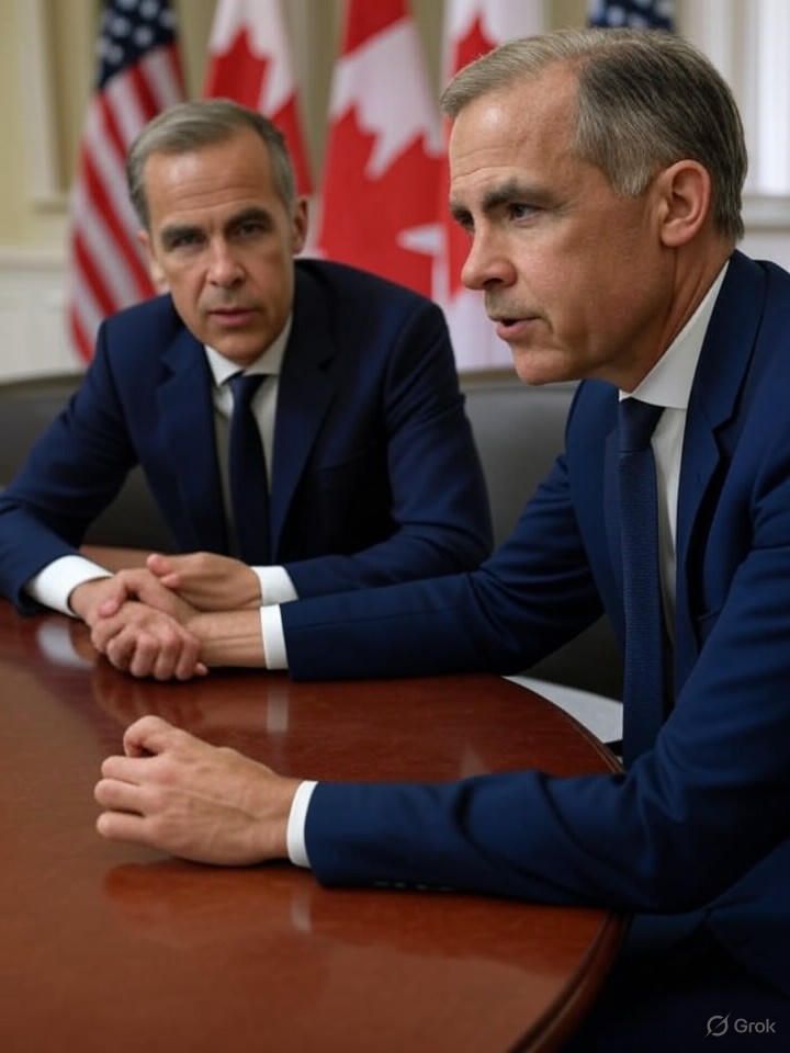 A tense handshake between U.S. President Donald Trump and Canadian Prime Minister Mark Carney during a trade summit, symbolizing strained negotiations over digital taxes.